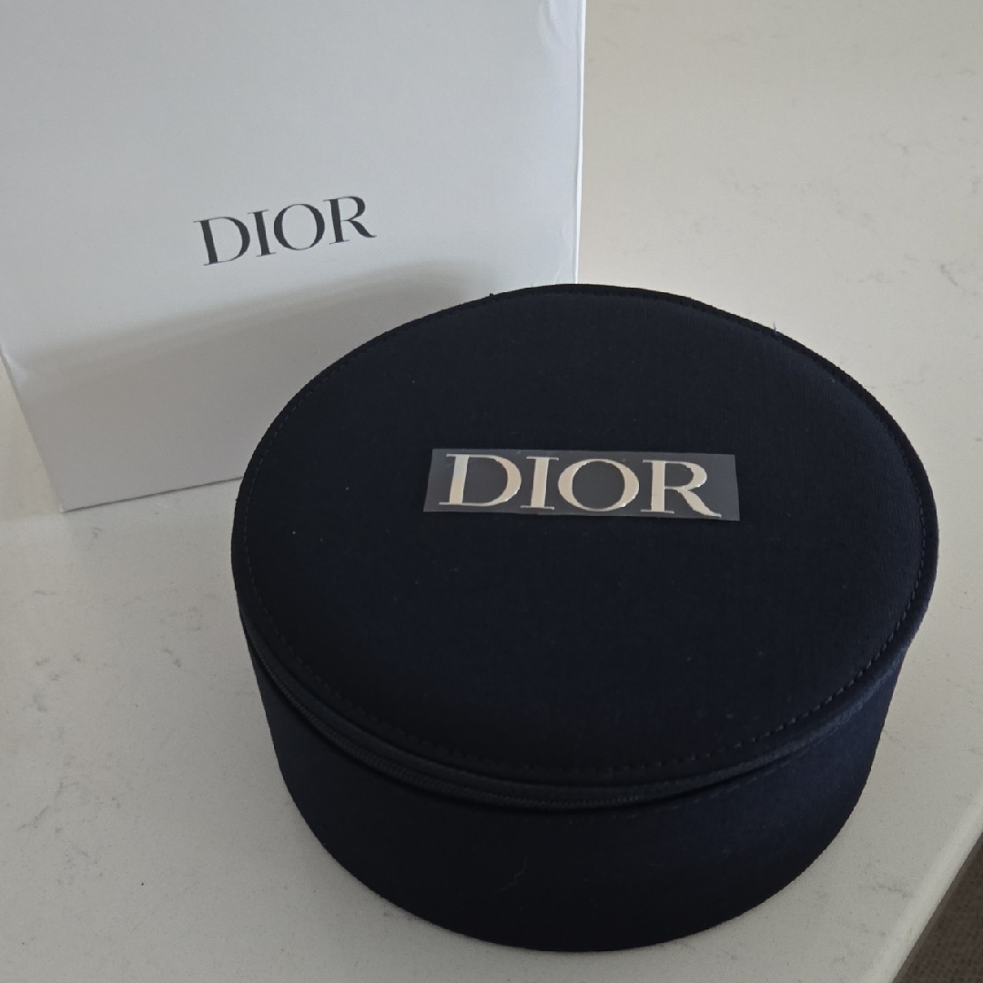 New Dior Vanity Case Round With Silver Dior Logo & Blue Cotton Linen Travel Case